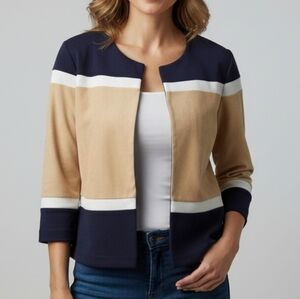 SM0 Chico's Travelers Collection Faux Suede Jacket Stripe Navy Hook Eye
